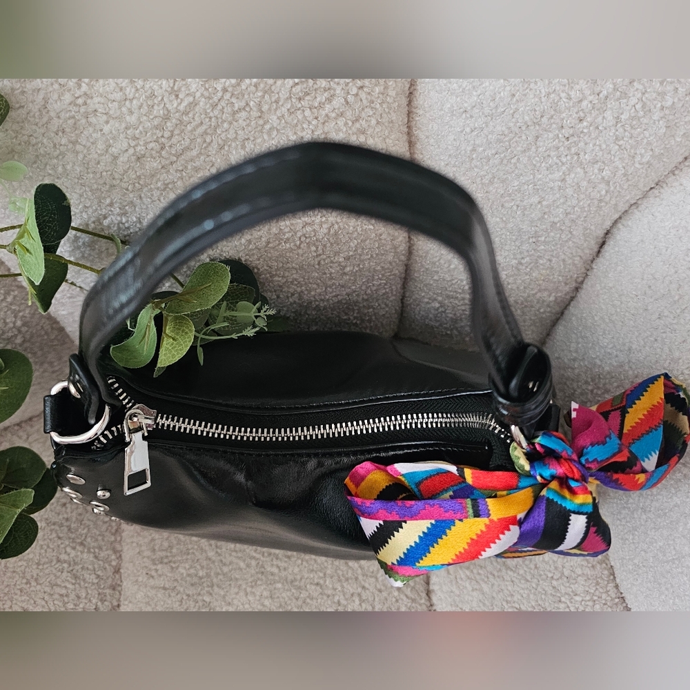 Black Studded Glam Shoulder Bag with Colorful Scarf Accent - Picture 3 of 11